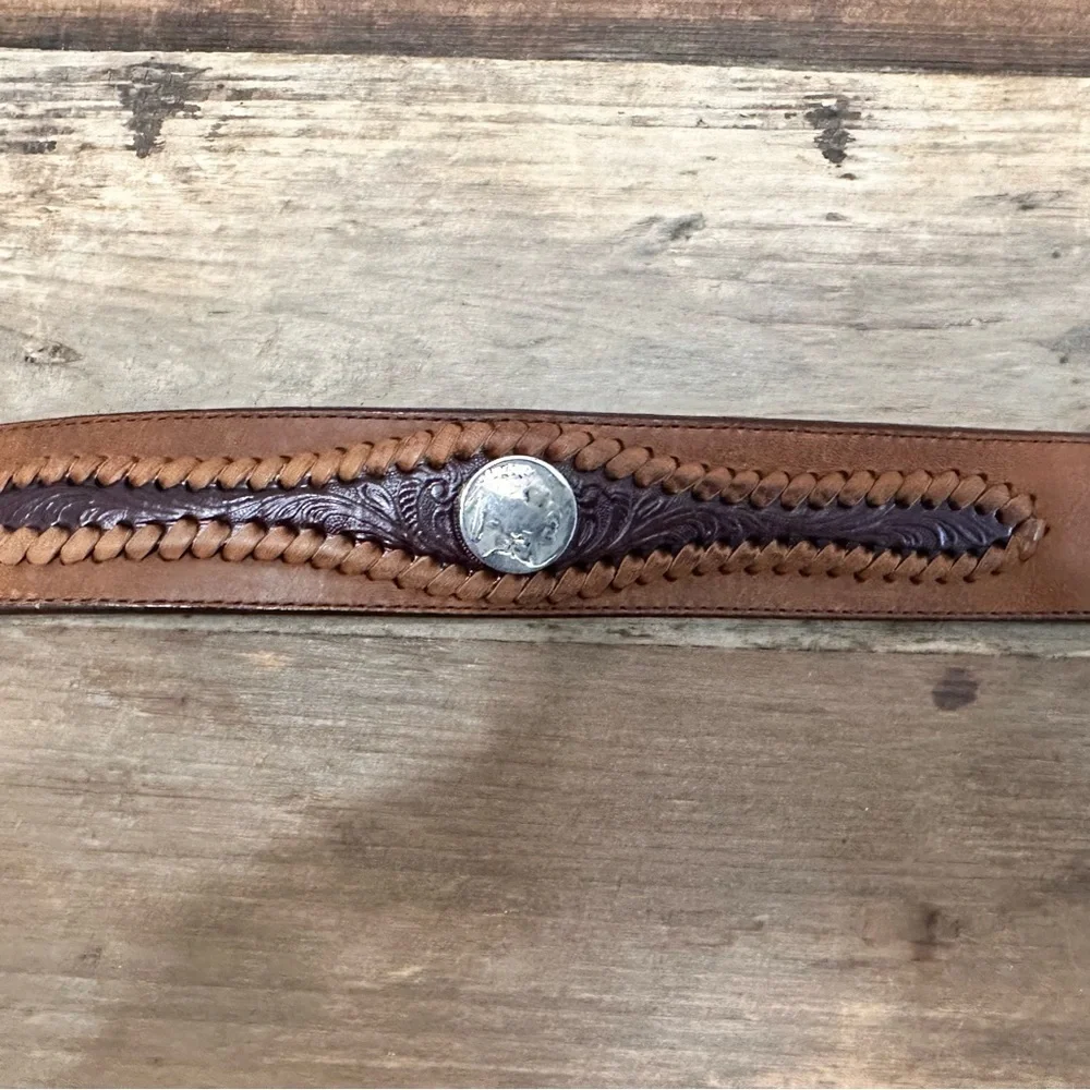 Tony Lama Silver Brown Cross Belt Indian Head Coins SZ 34 Americana Heritage